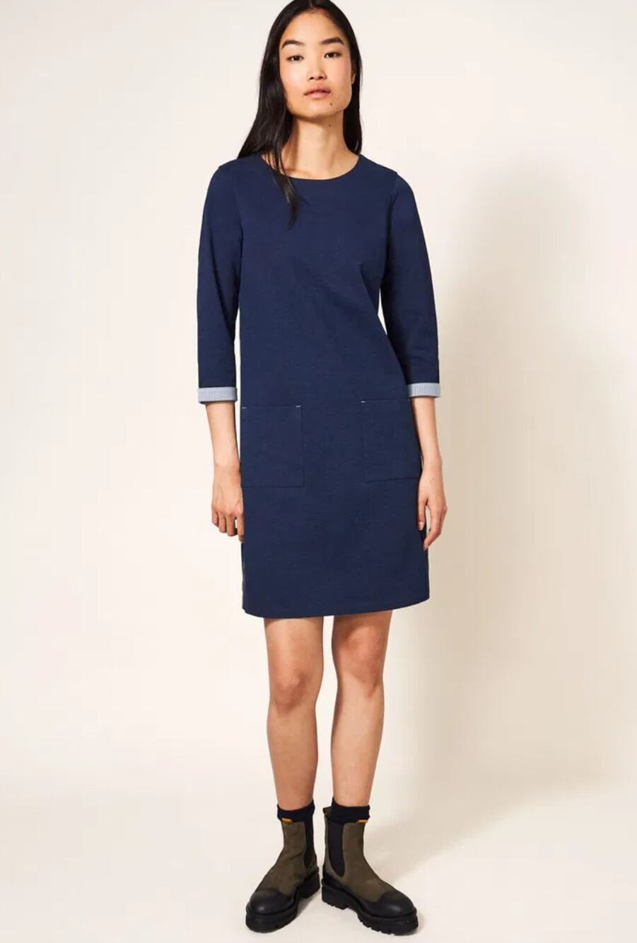 White Stuff Sasha Shift Dress Mid Denim Blue‎ Floral Trim Pockets NWT US 8 $65